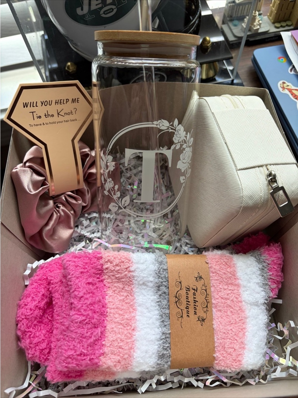 Monogrammed Glass Jar Tumbler with Pink Striped Cozy Socks & Accessories